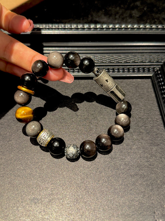 Silver Obsidian &amp; Tiger's Eye Beaded Bracelet with Hidden Lighter — A Wish for Power and Good Fortune
