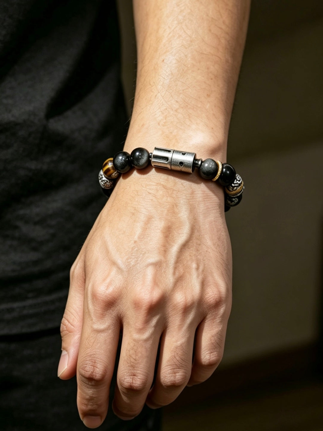 Silver Obsidian &amp; Tiger's Eye Beaded Bracelet with Hidden Lighter — A Wish for Power and Good Fortune
