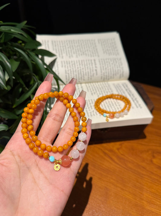 Vintage Amber Double-Layer Bracelet with South Red Agate &amp; White Phantom Quartz — A Wish for Fortune and Blessings