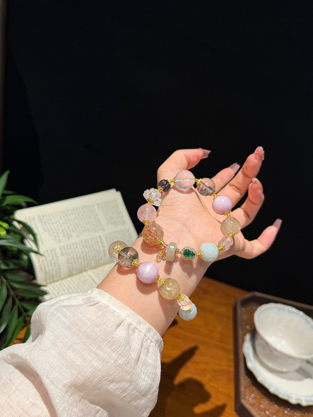 Multi-Gemstone Beaded Bracelet with Black Gold Super Seven &amp; Jade — A Wish for All-Around Fortune