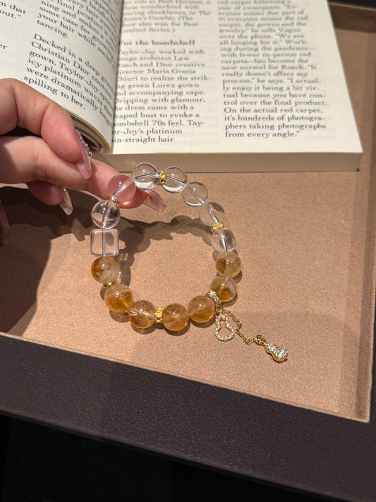 Clear Quartz &amp; Yellow Tower Quartz Beaded Bracelet with Gourd Tassel — A Wish for Clarity and Prosperity
