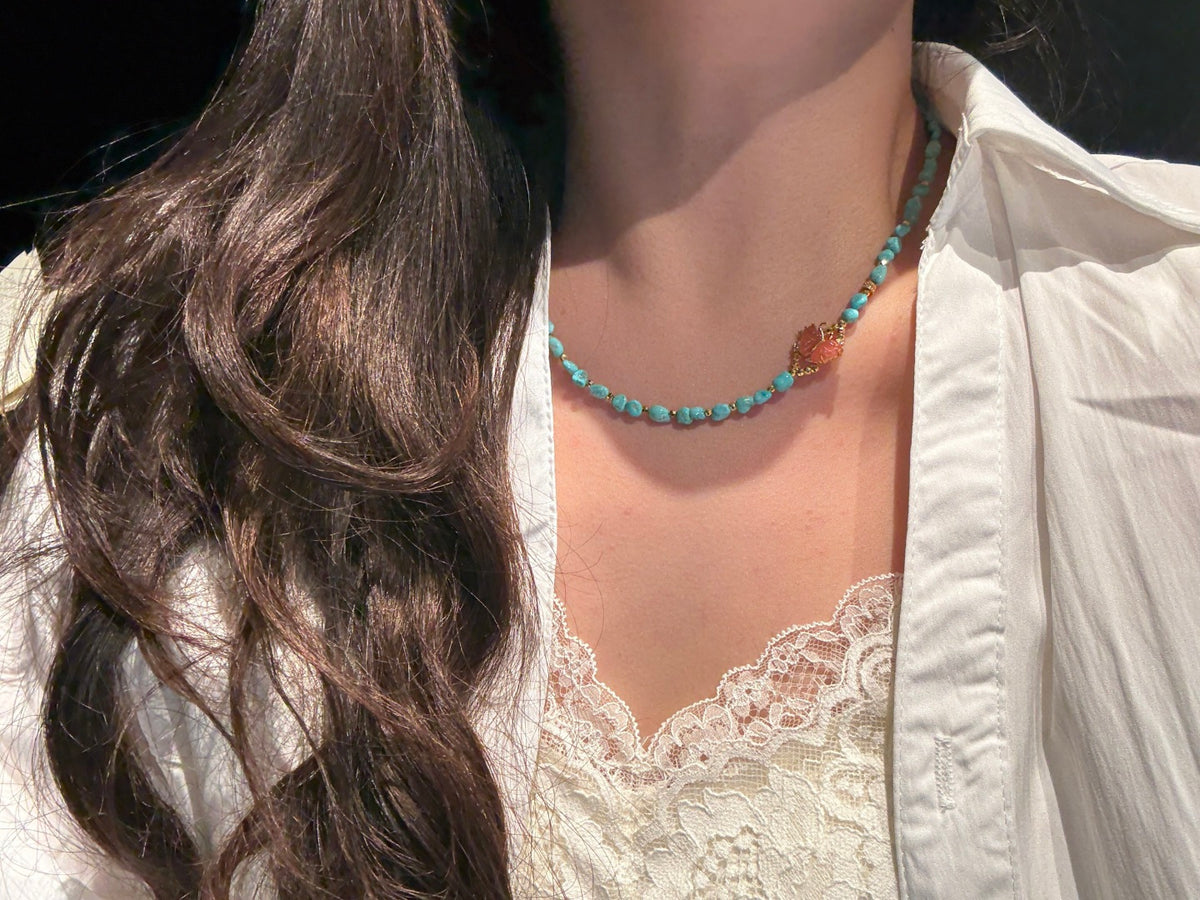 Natural Turquoise Beaded Necklace with South Red Agate Butterfly Charm — A Wish for Health and Beautiful Encounters