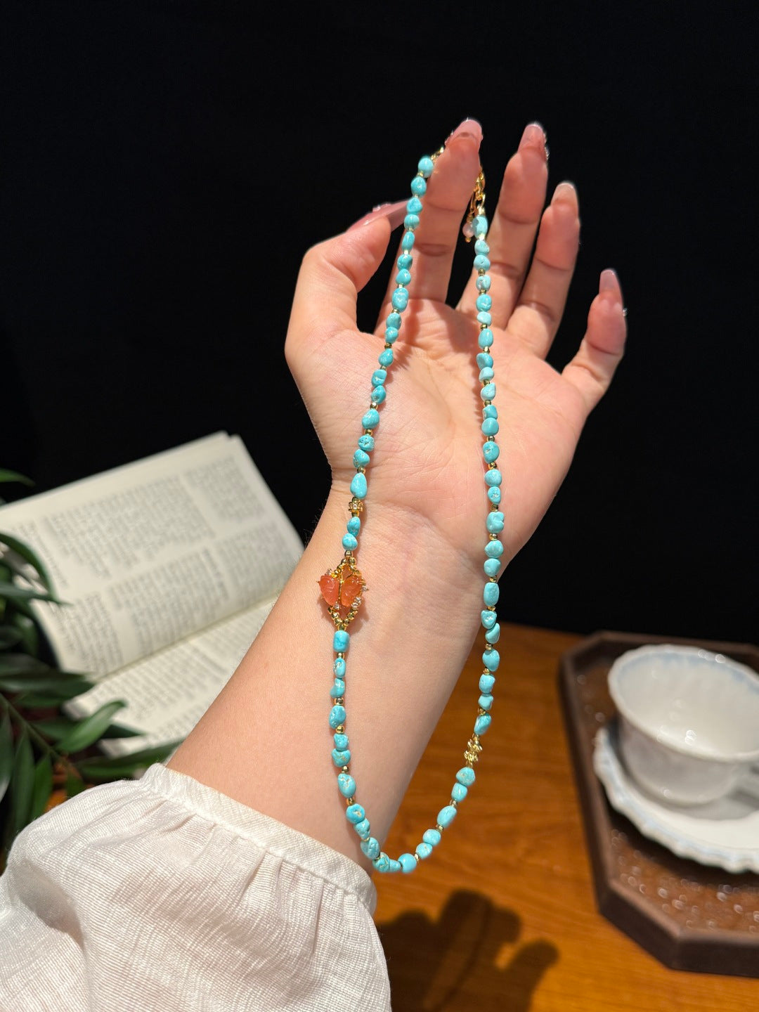 Natural Turquoise Beaded Necklace with South Red Agate Butterfly Charm — A Wish for Health and Beautiful Encounters