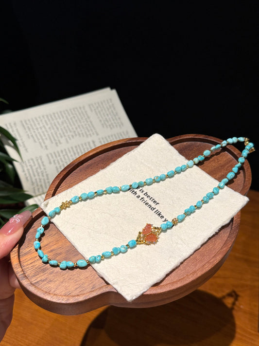 Natural Turquoise Beaded Necklace with South Red Agate Butterfly Charm — A Wish for Health and Beautiful Encounters