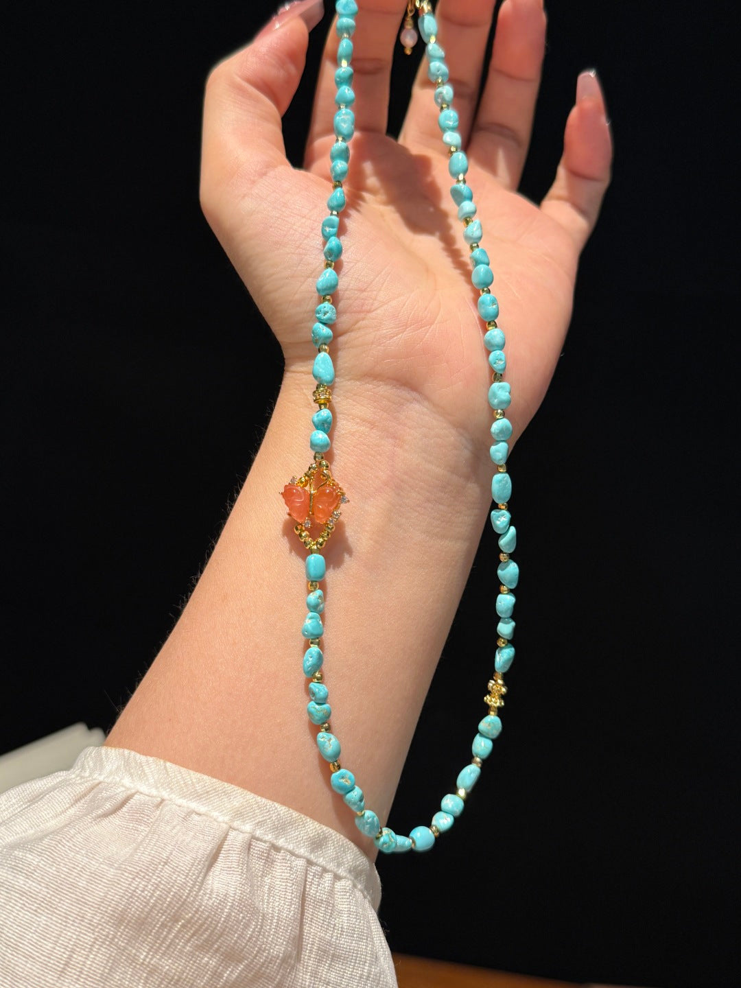 Natural Turquoise Beaded Necklace with South Red Agate Butterfly Charm — A Wish for Health and Beautiful Encounters