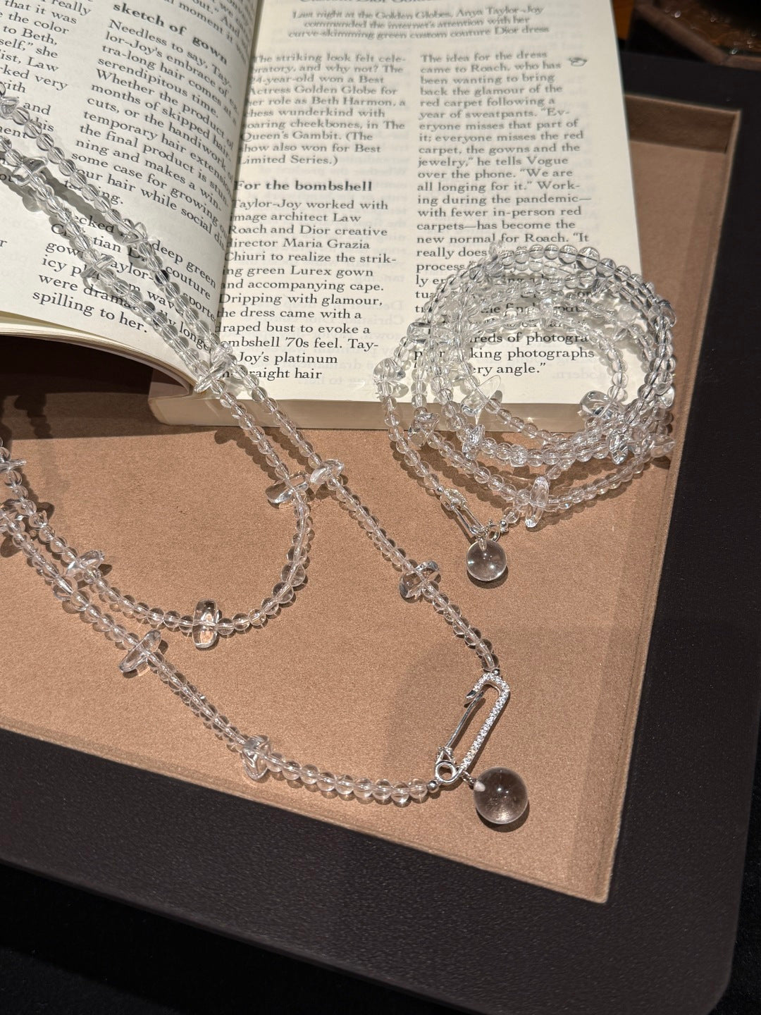 Clear Quartz Beaded Necklace with Pave Diamond Clasp and Bubble Charm — A Wish for Clarity and Peace