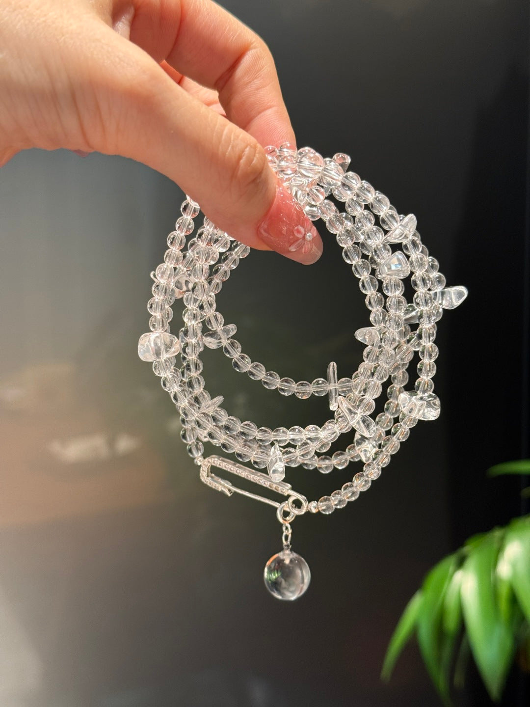 Clear Quartz Beaded Necklace with Pave Diamond Clasp and Bubble Charm — A Wish for Clarity and Peace