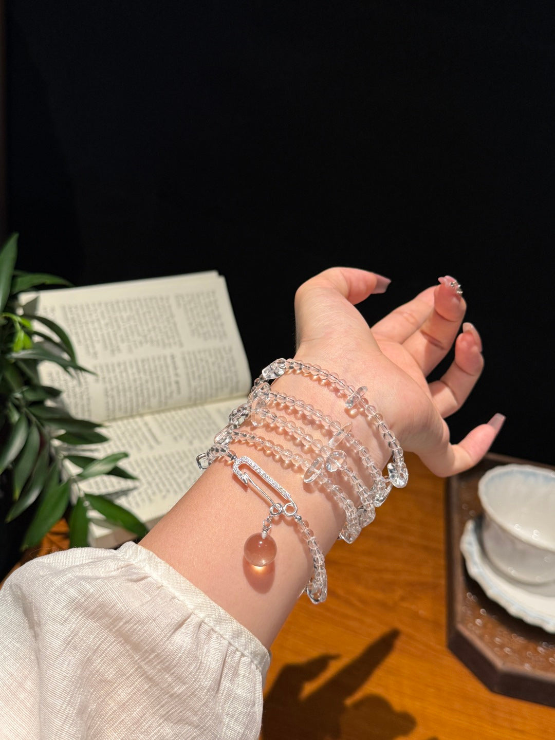 Clear Quartz Beaded Necklace with Pave Diamond Clasp and Bubble Charm — A Wish for Clarity and Peace
