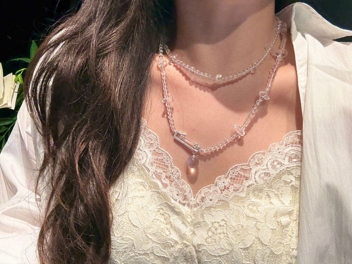 Clear Quartz Beaded Necklace with Pave Diamond Clasp and Bubble Charm — A Wish for Clarity and Peace