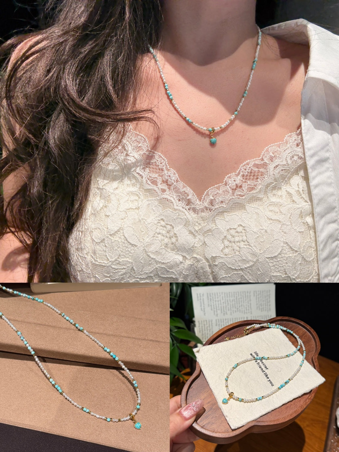 Fresh Turquoise &amp; Pearl Beaded Necklace — A Wish for Peace and Gentle Elegance