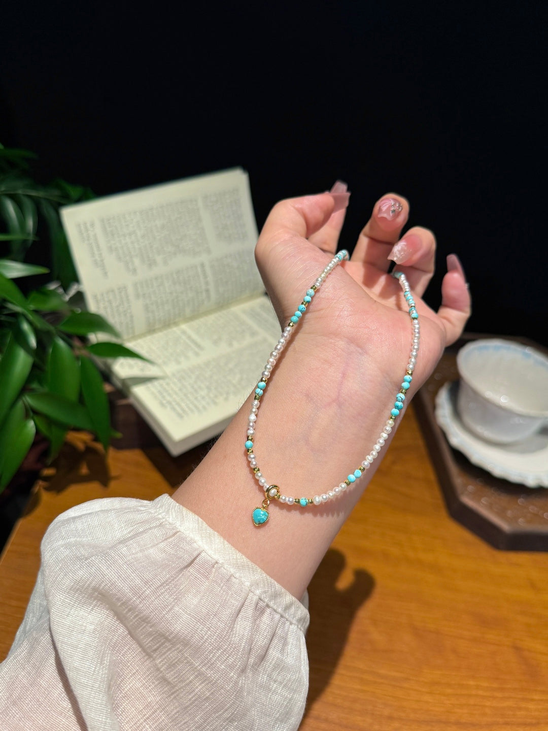 Fresh Turquoise &amp; Pearl Beaded Necklace — A Wish for Peace and Gentle Elegance