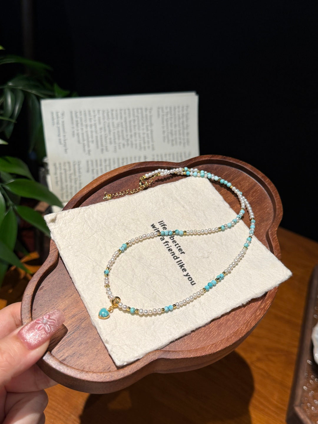 Fresh Turquoise &amp; Pearl Beaded Necklace — A Wish for Peace and Gentle Elegance