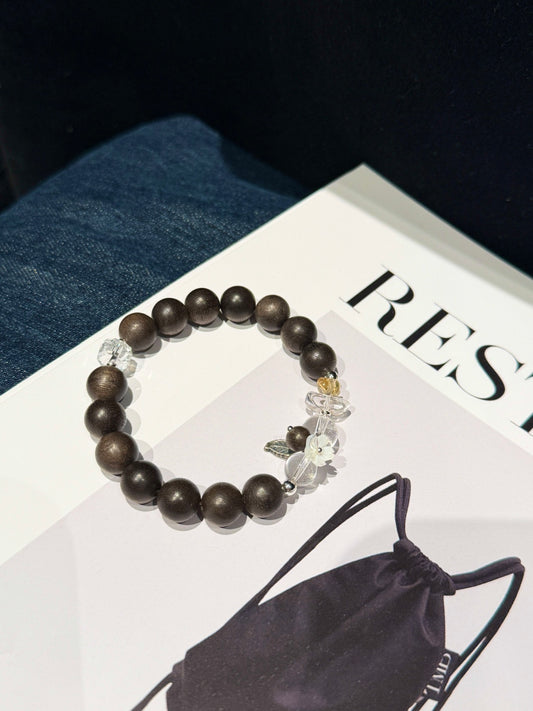 Agarwood Beaded Bracelet with Clear Quartz, Yellow Crystal &amp; Shell Flower Charm — A Wish for Serenity and Inner Peace
