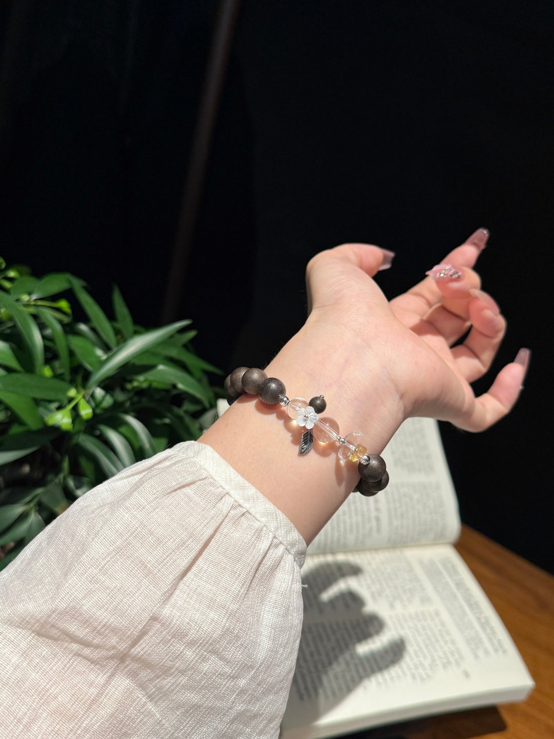Agarwood Beaded Bracelet with Clear Quartz, Yellow Crystal &amp; Shell Flower Charm — A Wish for Serenity and Inner Peace
