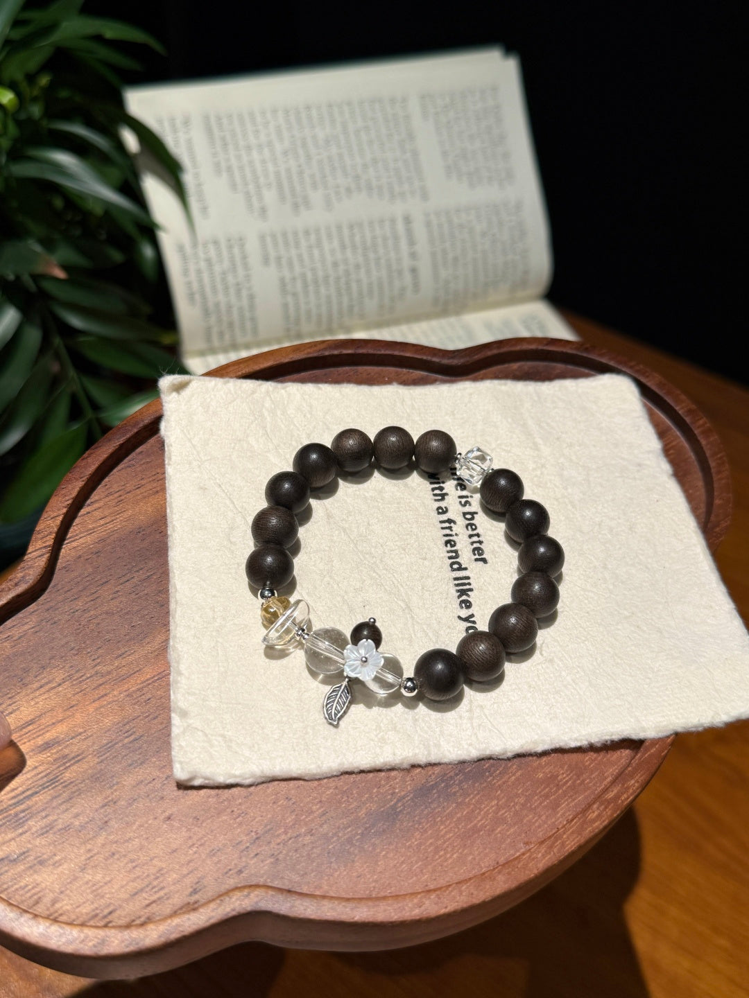 Agarwood Beaded Bracelet with Clear Quartz, Yellow Crystal &amp; Shell Flower Charm — A Wish for Serenity and Inner Peace
