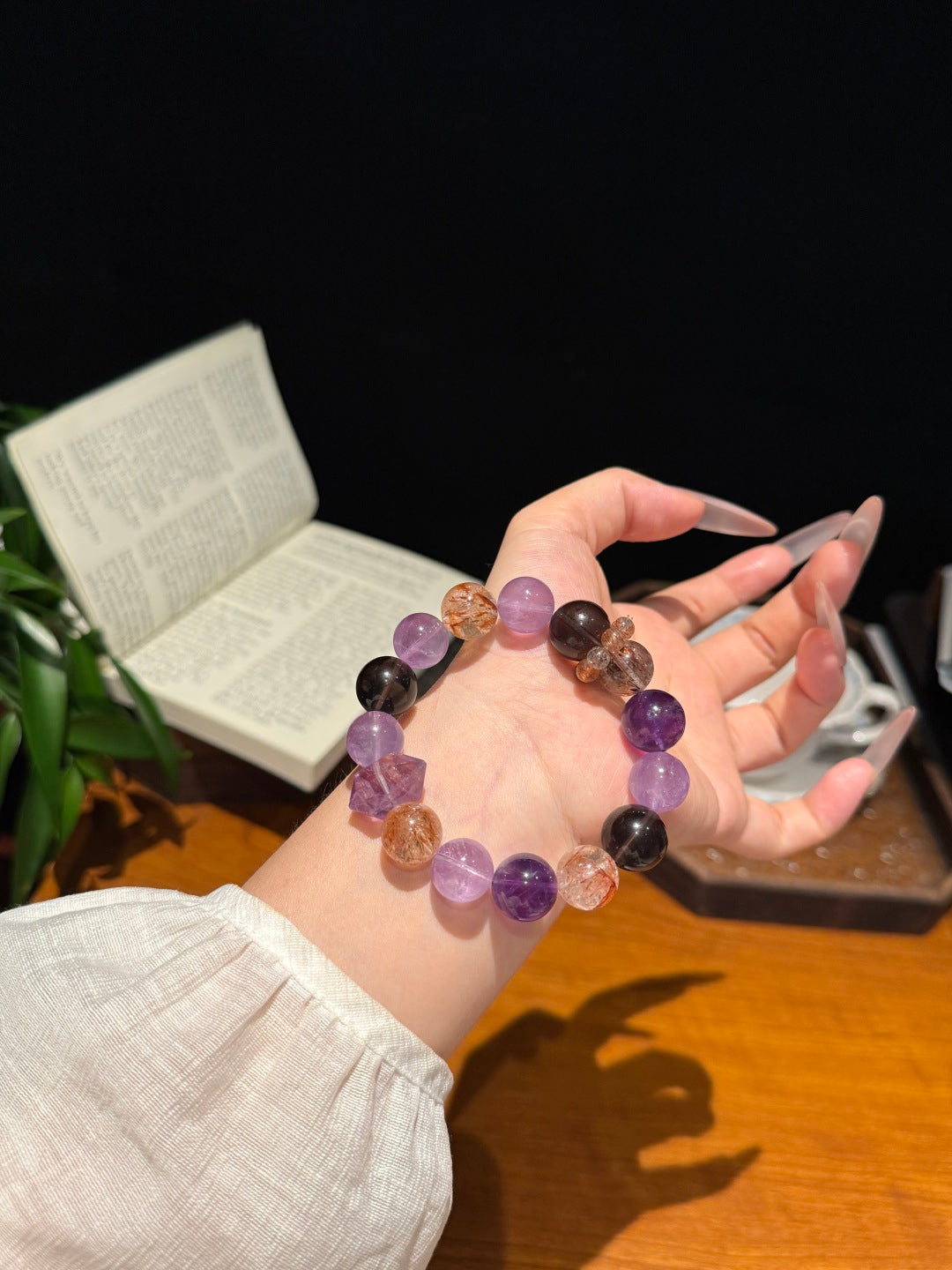 Amethyst, Black Gold Super Seven &amp; Smoky Quartz Beaded Bracelet — A Wish for Wisdom and Inner Strength