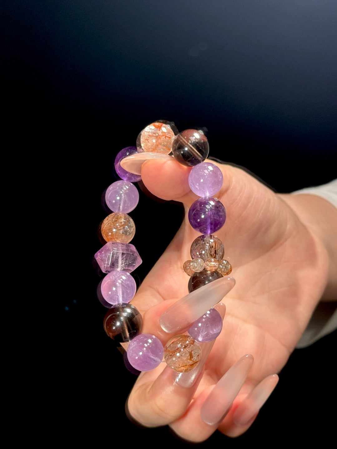 Amethyst, Black Gold Super Seven &amp; Smoky Quartz Beaded Bracelet — A Wish for Wisdom and Inner Strength
