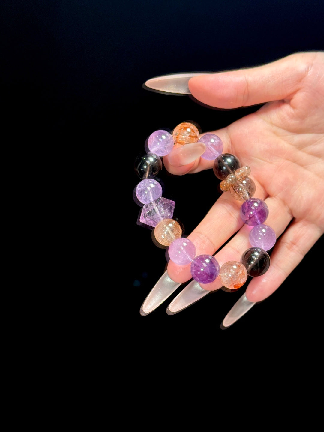 Amethyst, Black Gold Super Seven &amp; Smoky Quartz Beaded Bracelet — A Wish for Wisdom and Inner Strength