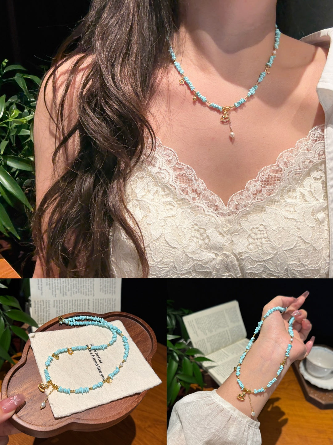 Natural Turquoise Heishi Beaded Necklace with Gold Rocking Horse Charm — A Wish for Pure Joy and Smooth Journeys