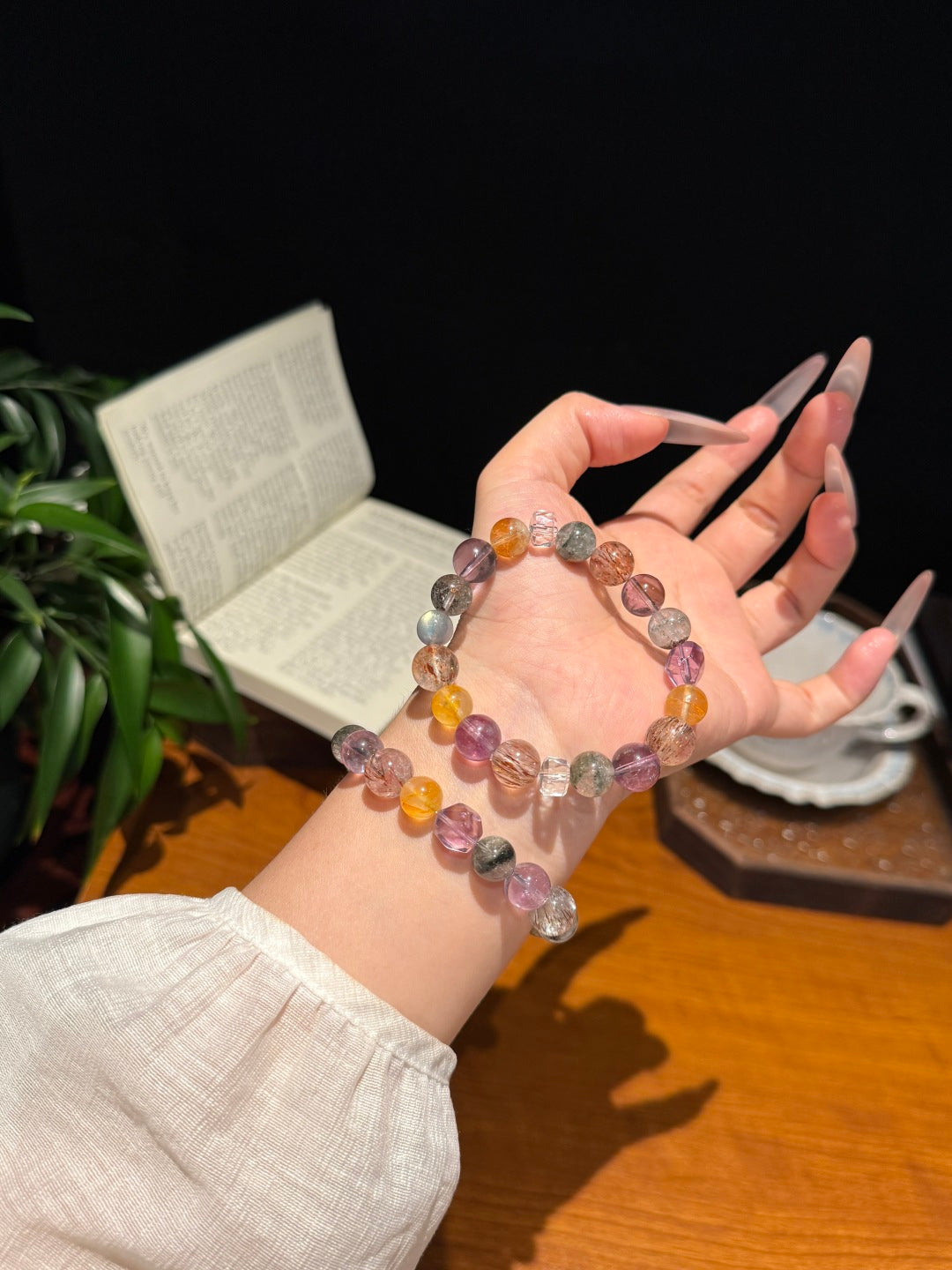 Multi-Gemstone Beaded Bracelet with Amethyst, Green Phantom Quartz &amp; Black Gold Super Seven — A Wish for Harmony and Inner Peace