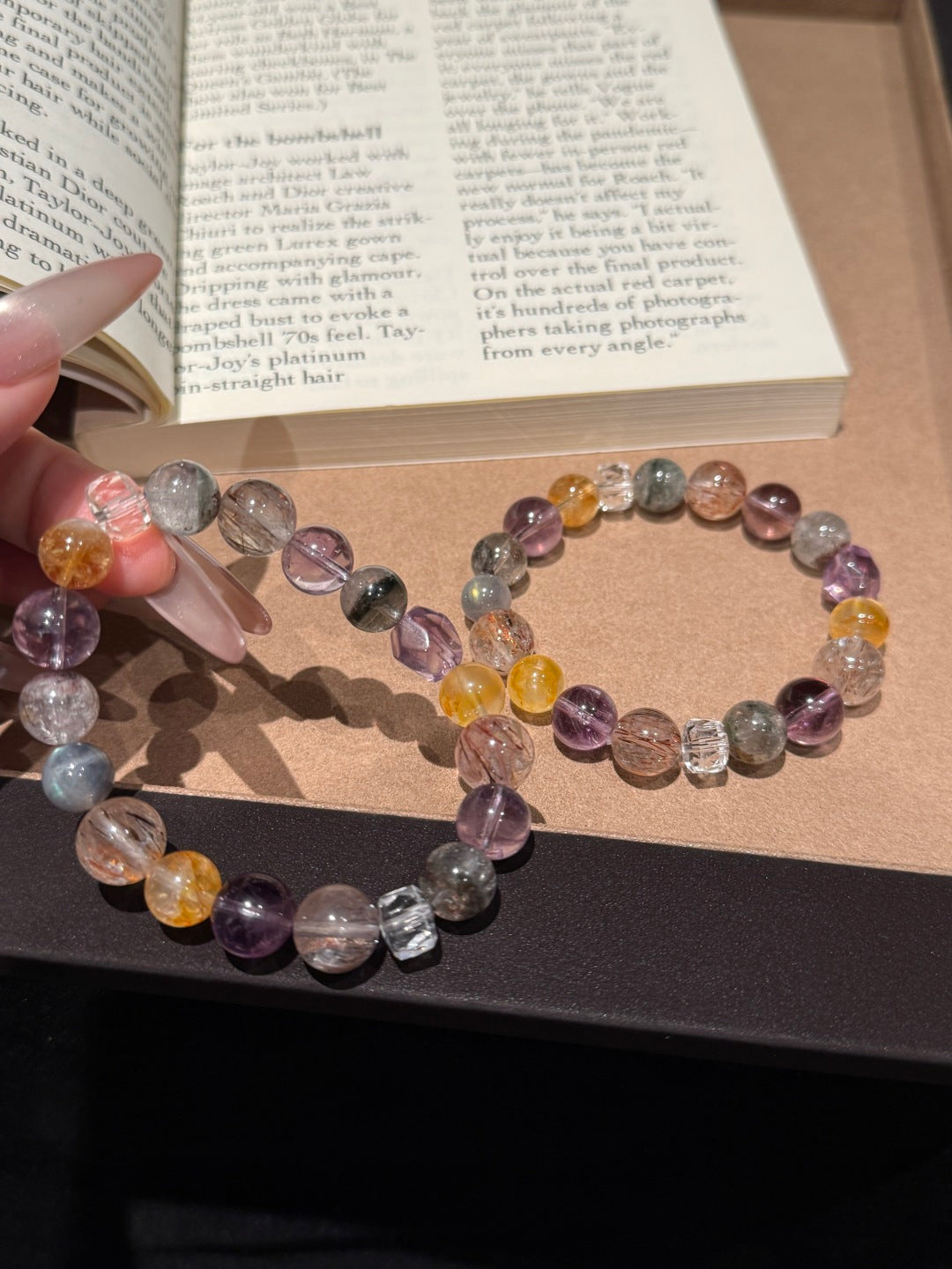 Multi-Gemstone Beaded Bracelet with Amethyst, Green Phantom Quartz &amp; Black Gold Super Seven — A Wish for Harmony and Inner Peace