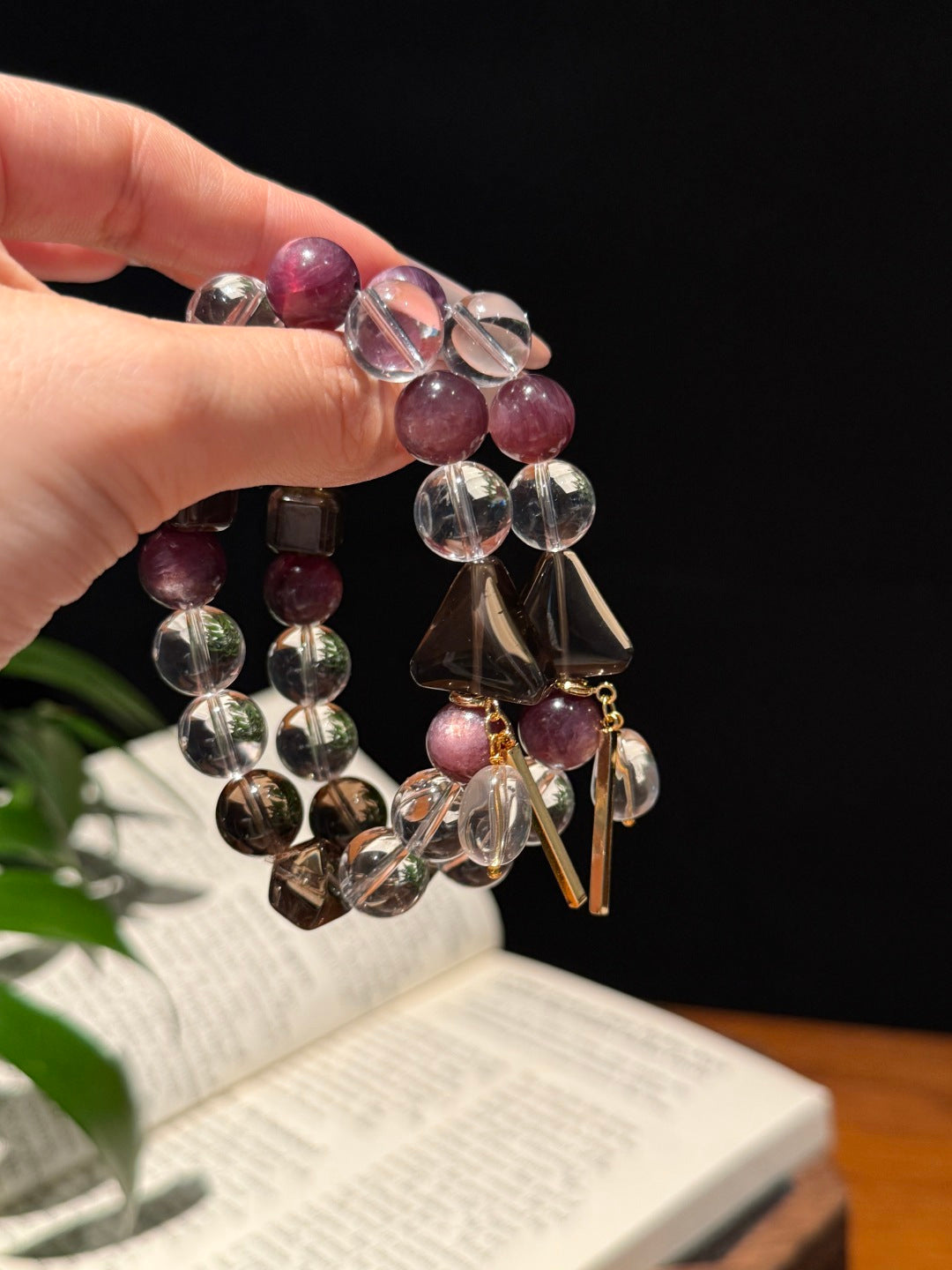 Clear Quartz, Lepidolite &amp; Smoky Quartz Triangle Beaded Bracelet — A Wish for Inner Balance and Protection