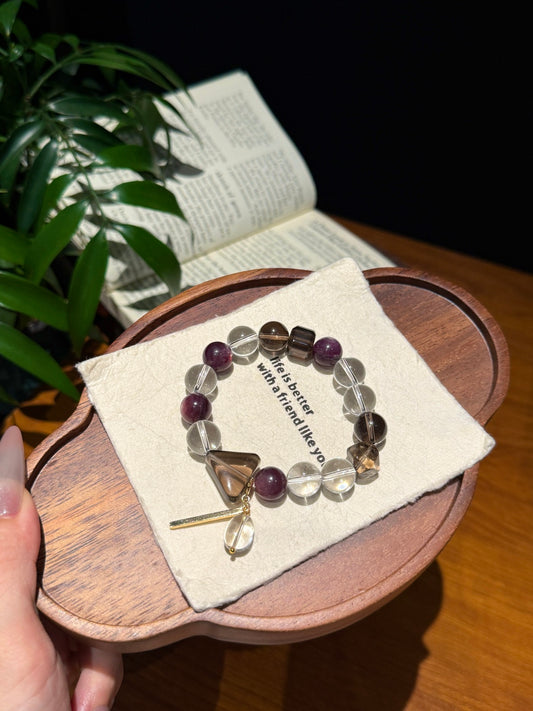 Clear Quartz, Lepidolite &amp; Smoky Quartz Triangle Beaded Bracelet — A Wish for Inner Balance and Protection