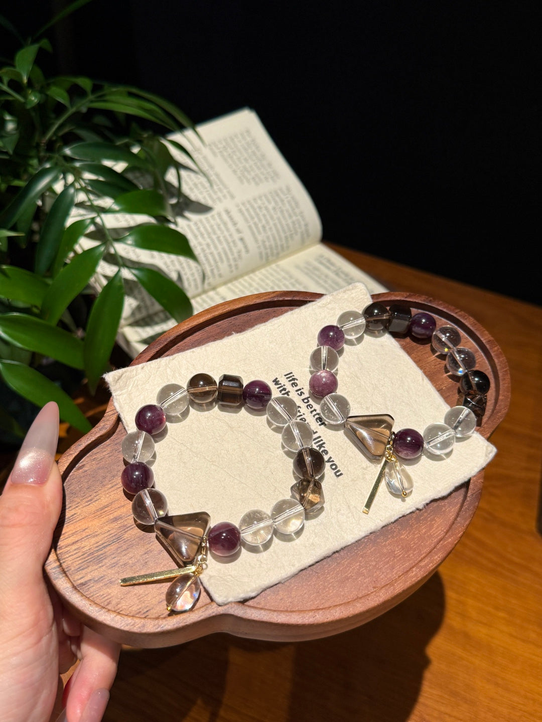 Clear Quartz, Lepidolite &amp; Smoky Quartz Triangle Beaded Bracelet — A Wish for Inner Balance and Protection