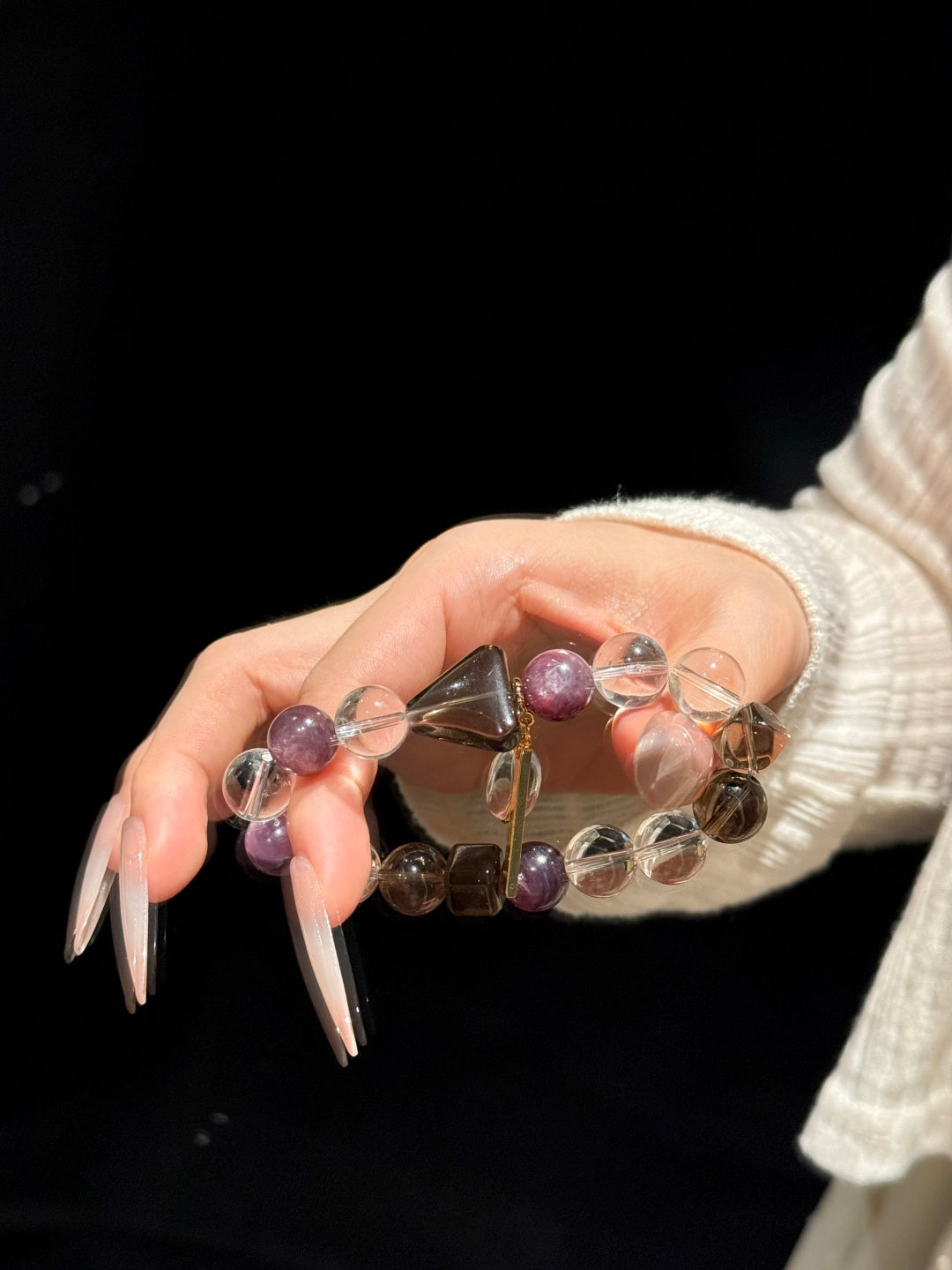 Clear Quartz, Lepidolite &amp; Smoky Quartz Triangle Beaded Bracelet — A Wish for Inner Balance and Protection