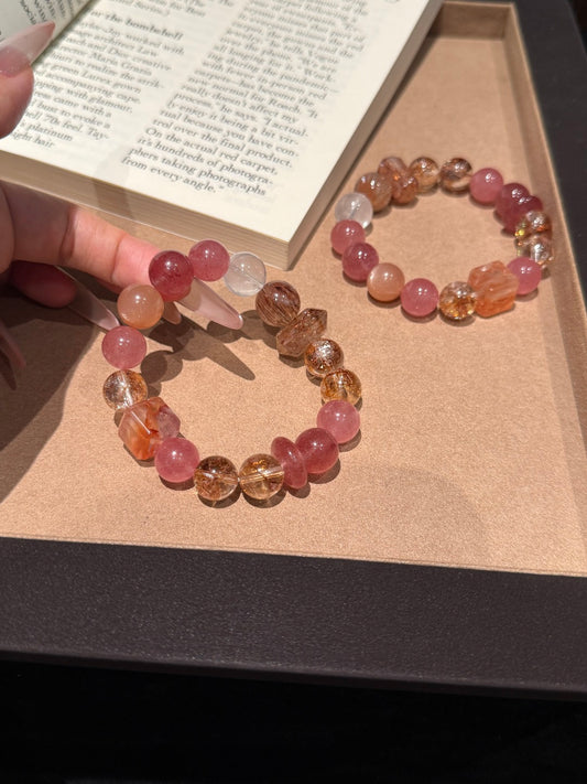 Strawberry Quartz, Red Hematoid Quartz &amp; Gold Foil Koi Beaded Bracelet — A Wish for Love and Good Fortune