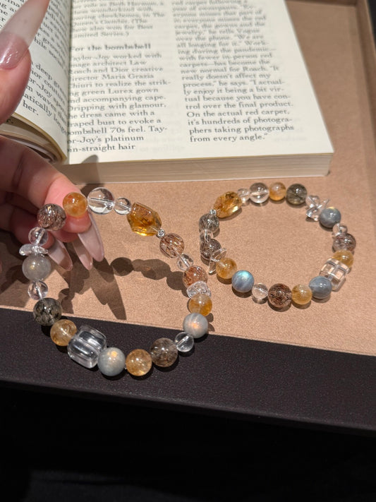 Yellow Tower Quartz, Black Gold Super Seven &amp; Grey Moonstone Beaded Bracelet