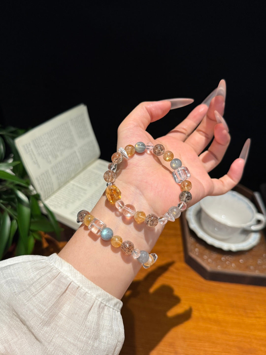Yellow Tower Quartz, Black Gold Super Seven &amp; Grey Moonstone Beaded Bracelet