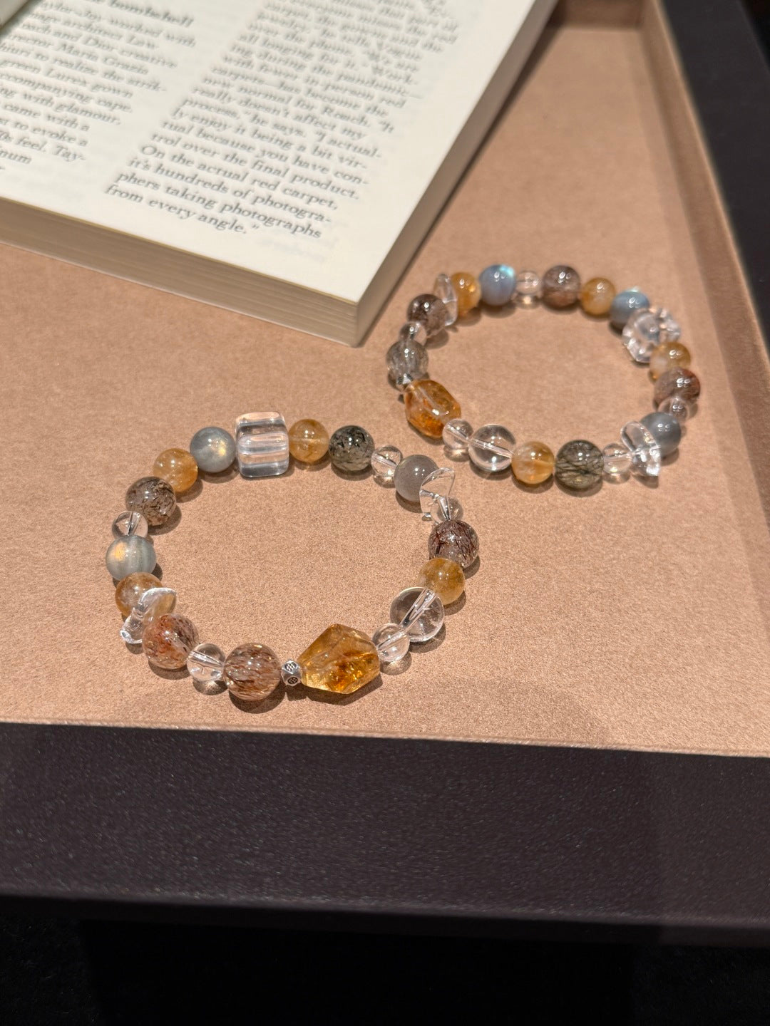 Yellow Tower Quartz, Black Gold Super Seven &amp; Grey Moonstone Beaded Bracelet