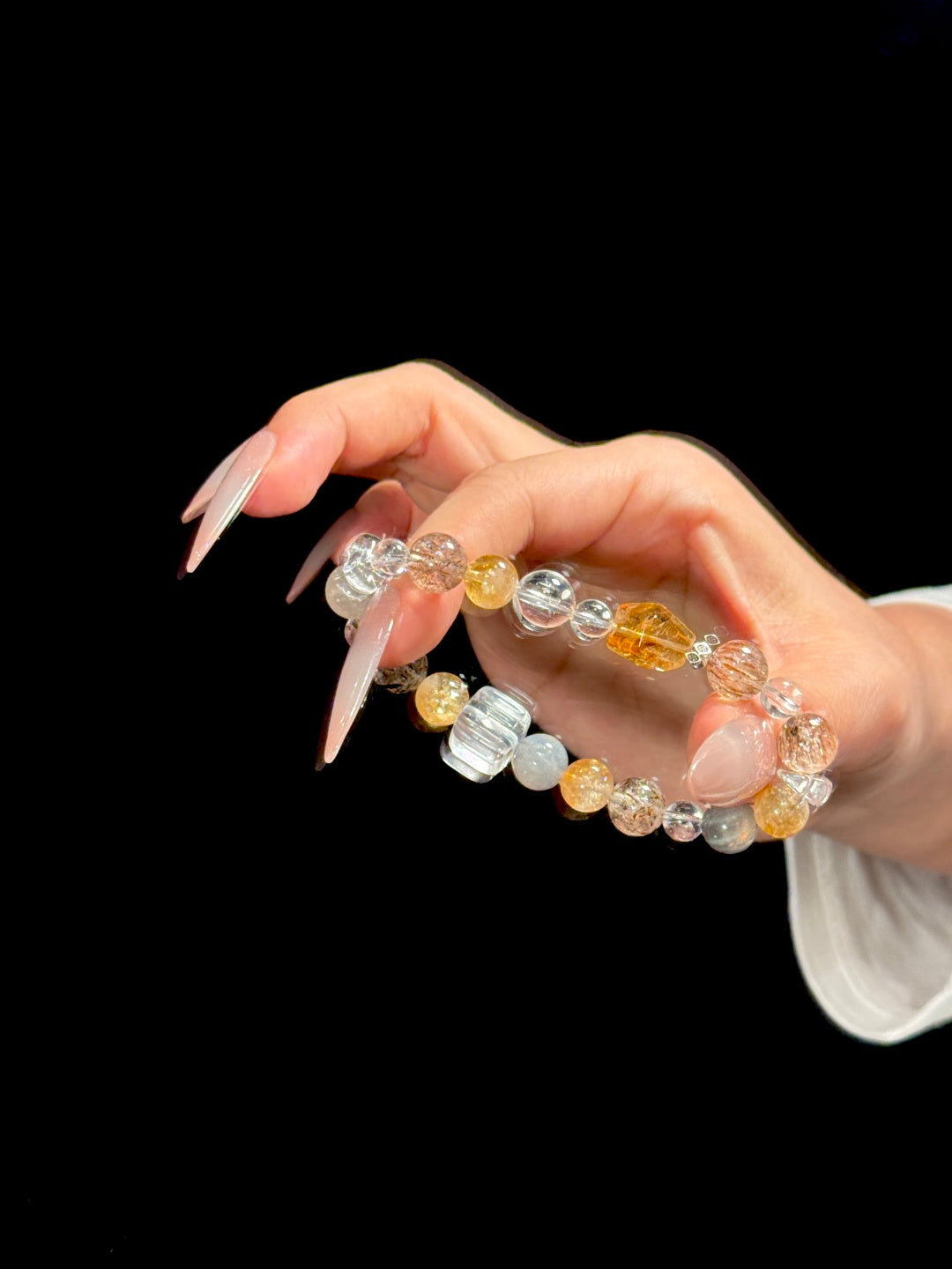 Yellow Tower Quartz, Black Gold Super Seven &amp; Grey Moonstone Beaded Bracelet