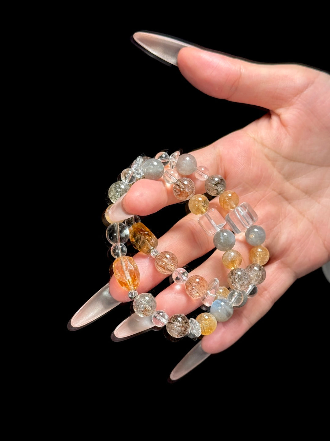 Yellow Tower Quartz, Black Gold Super Seven &amp; Grey Moonstone Beaded Bracelet