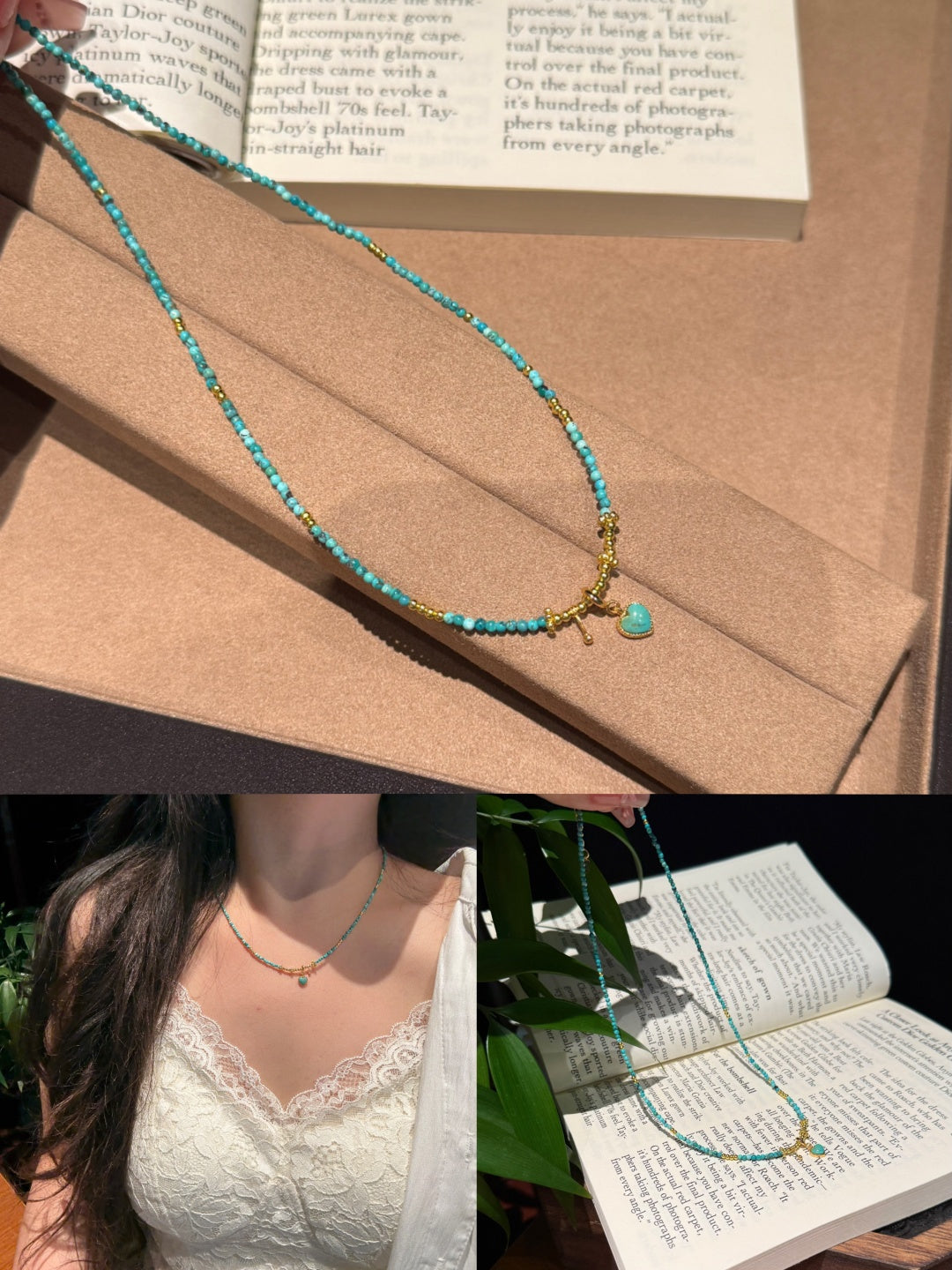 Delicate Turquoise Beaded Necklace with Gold Heart Charm — A Wish for Peace and Gentle Love