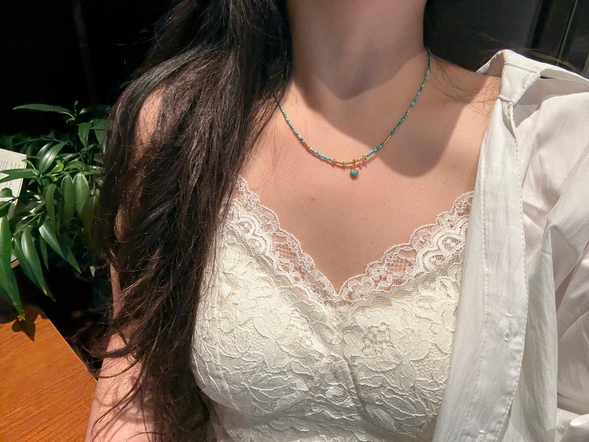 Delicate Turquoise Beaded Necklace with Gold Heart Charm — A Wish for Peace and Gentle Love