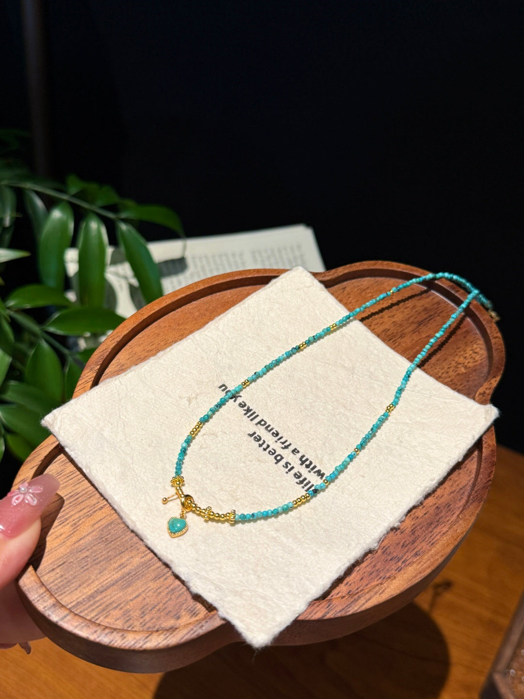 Delicate Turquoise Beaded Necklace with Gold Heart Charm — A Wish for Peace and Gentle Love