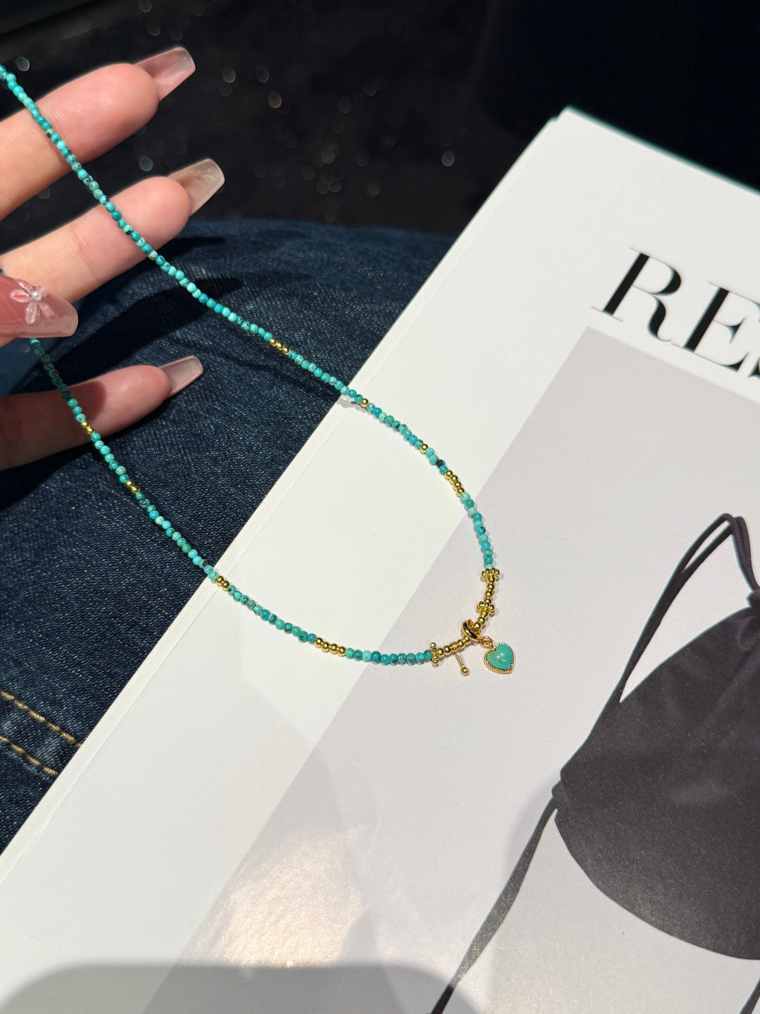Delicate Turquoise Beaded Necklace with Gold Heart Charm — A Wish for Peace and Gentle Love