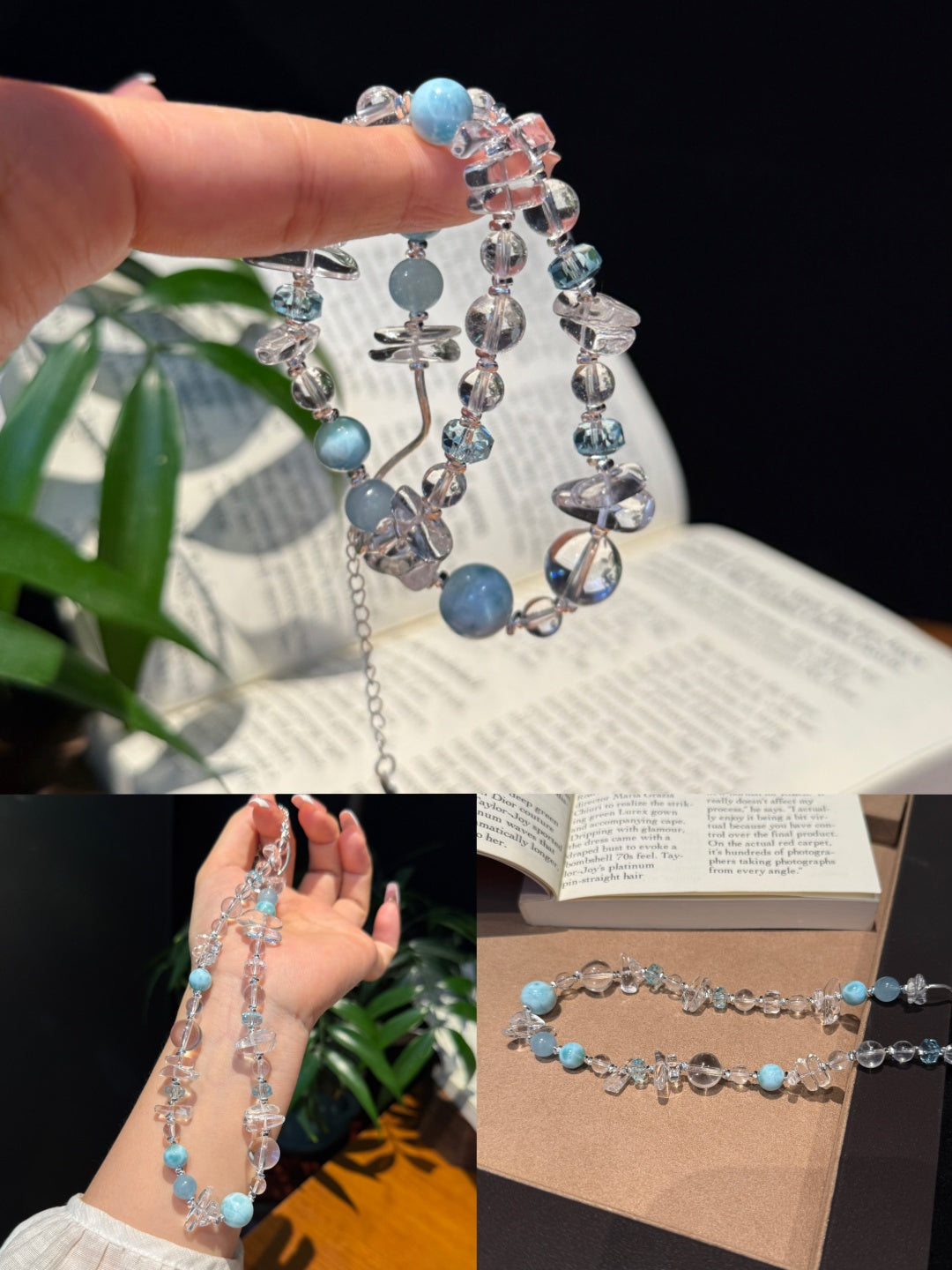 Ice-Cut Clear Quartz, Larimar &amp; Blue Topaz Beaded Bracelet — A Wish for Calm and Emotional Balance