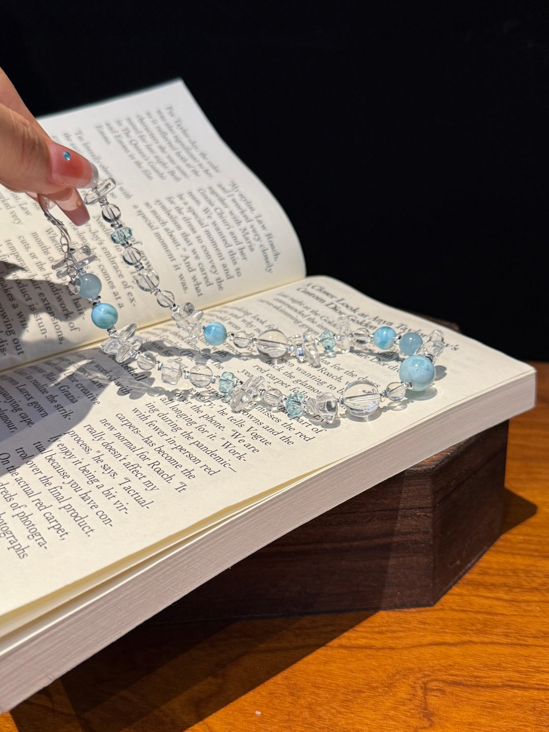 Ice-Cut Clear Quartz, Larimar &amp; Blue Topaz Beaded Bracelet — A Wish for Calm and Emotional Balance