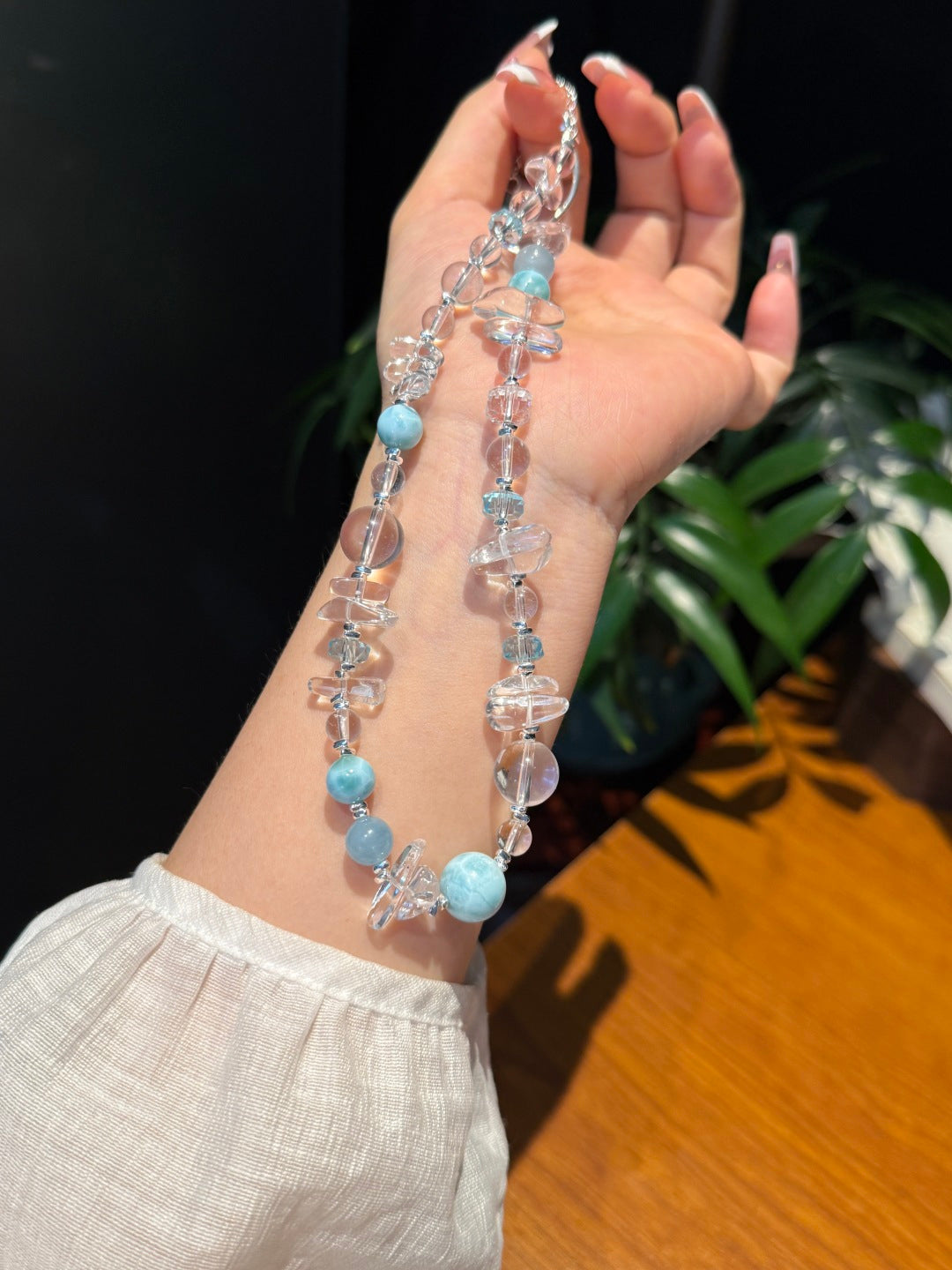 Ice-Cut Clear Quartz, Larimar &amp; Blue Topaz Beaded Bracelet — A Wish for Calm and Emotional Balance