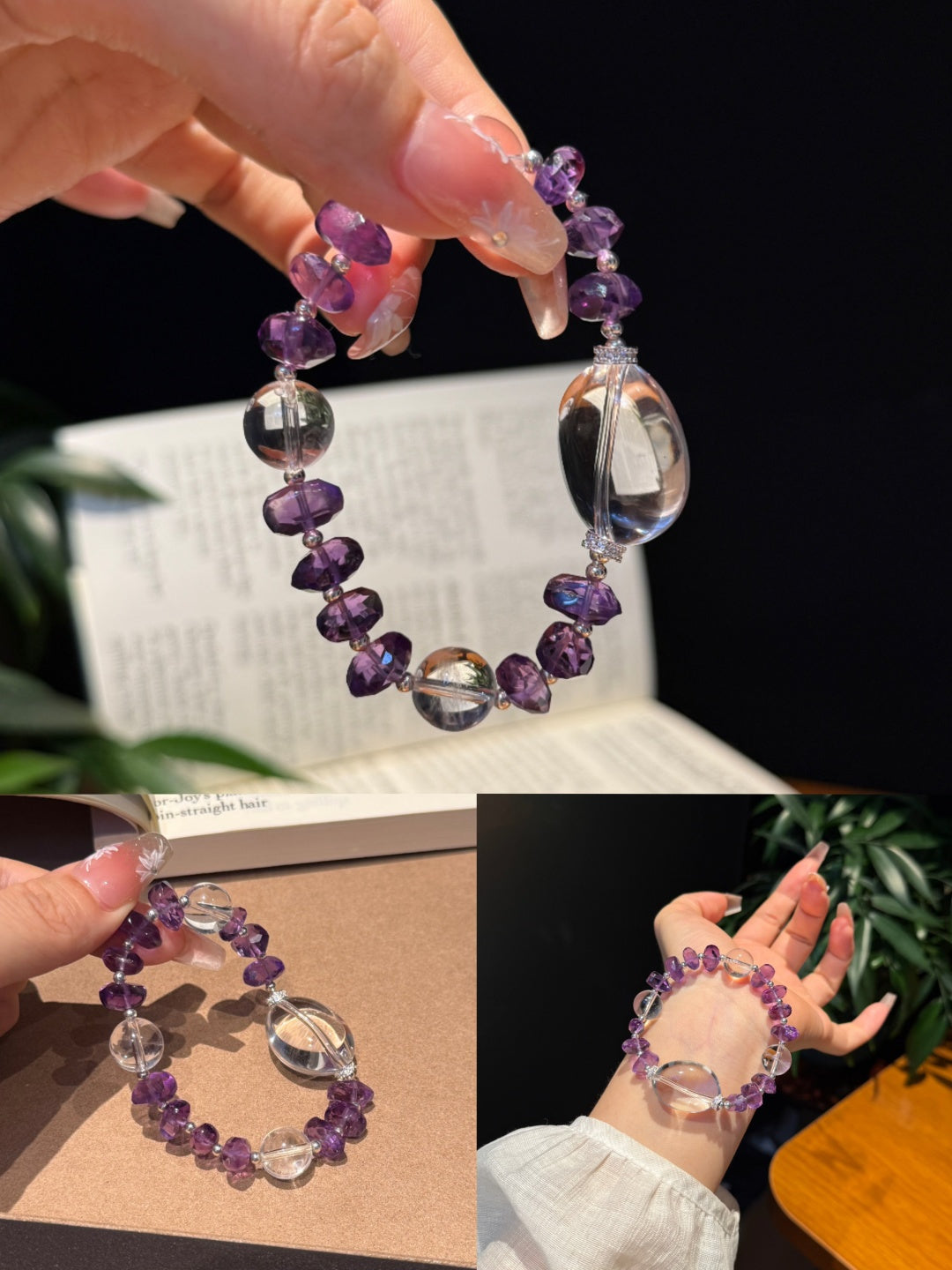 Amethyst &amp; Clear Quartz Beaded Bracelet with Large Focal Beads — A Wish for Nobility and Purification