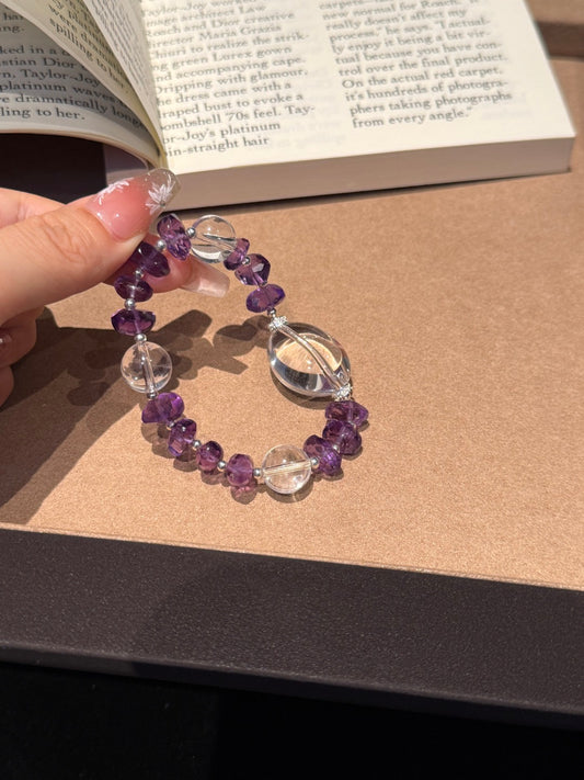 Amethyst &amp; Clear Quartz Beaded Bracelet with Large Focal Beads — A Wish for Nobility and Purification