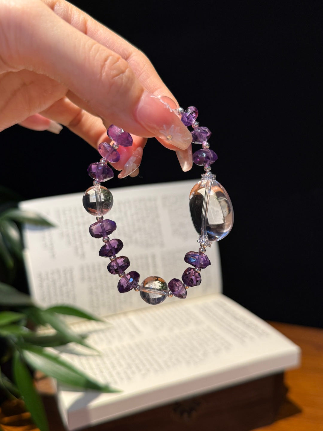 Amethyst &amp; Clear Quartz Beaded Bracelet with Large Focal Beads — A Wish for Nobility and Purification