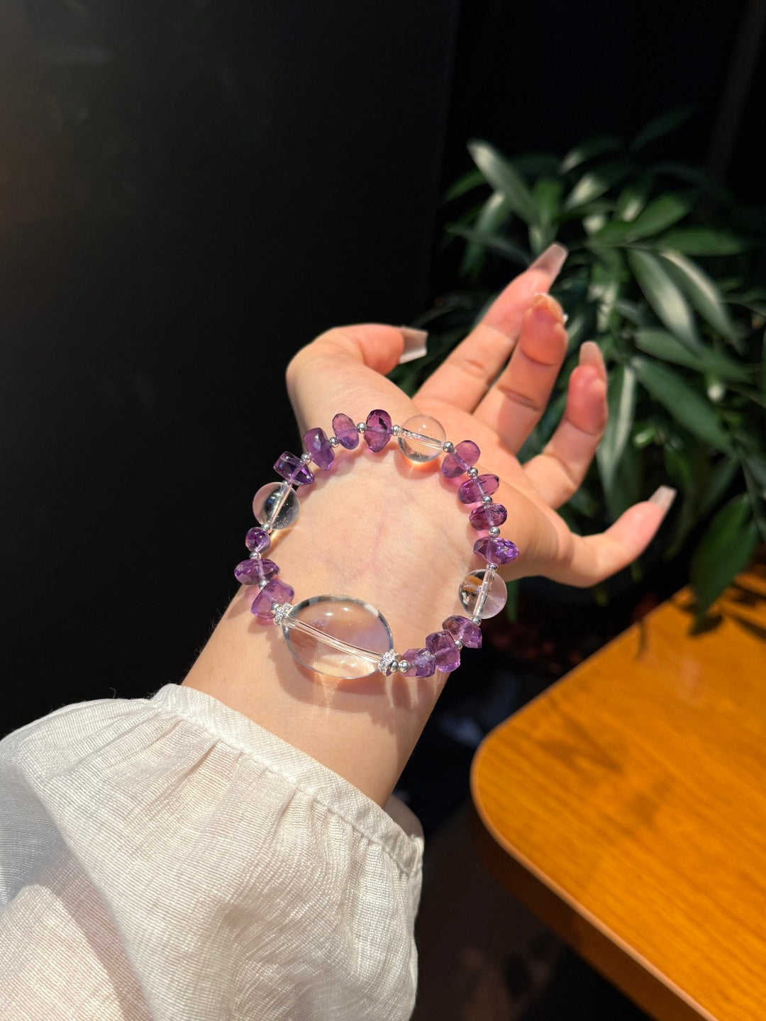 Amethyst &amp; Clear Quartz Beaded Bracelet with Large Focal Beads — A Wish for Nobility and Purification