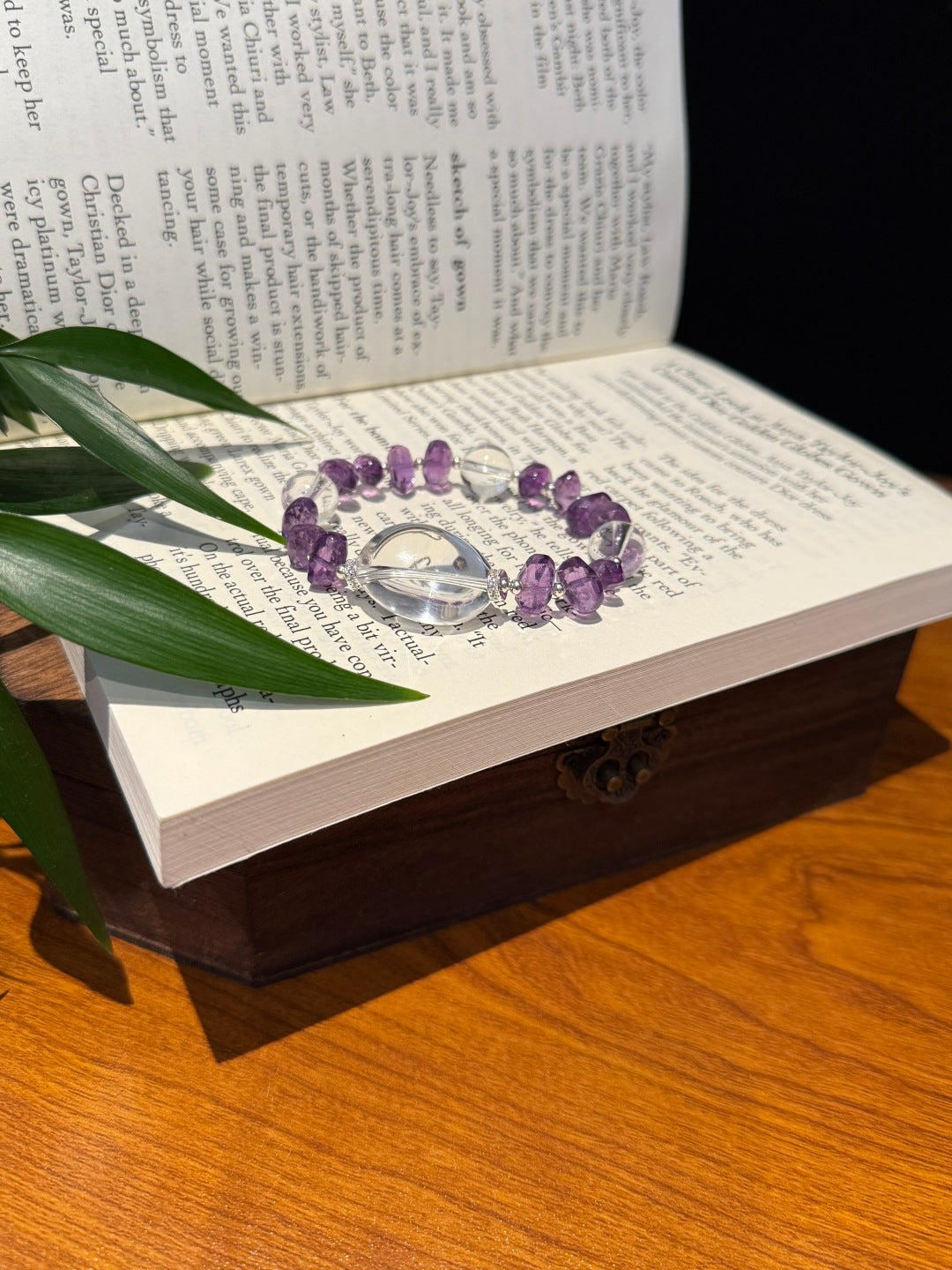 Amethyst &amp; Clear Quartz Beaded Bracelet with Large Focal Beads — A Wish for Nobility and Purification