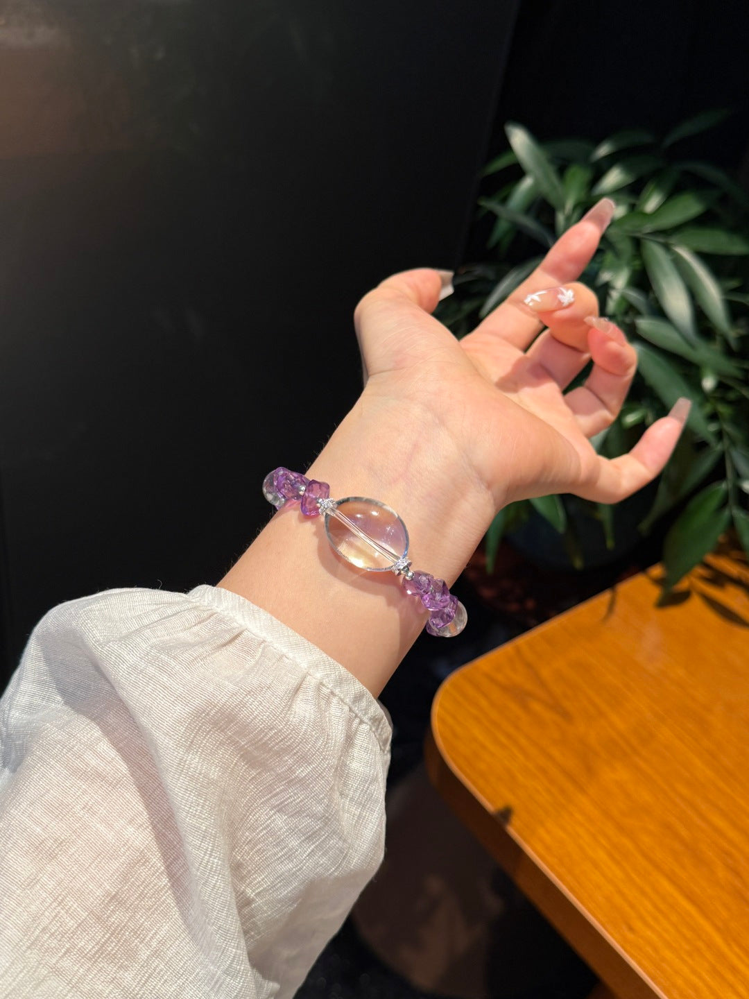 Amethyst &amp; Clear Quartz Beaded Bracelet with Large Focal Beads — A Wish for Nobility and Purification