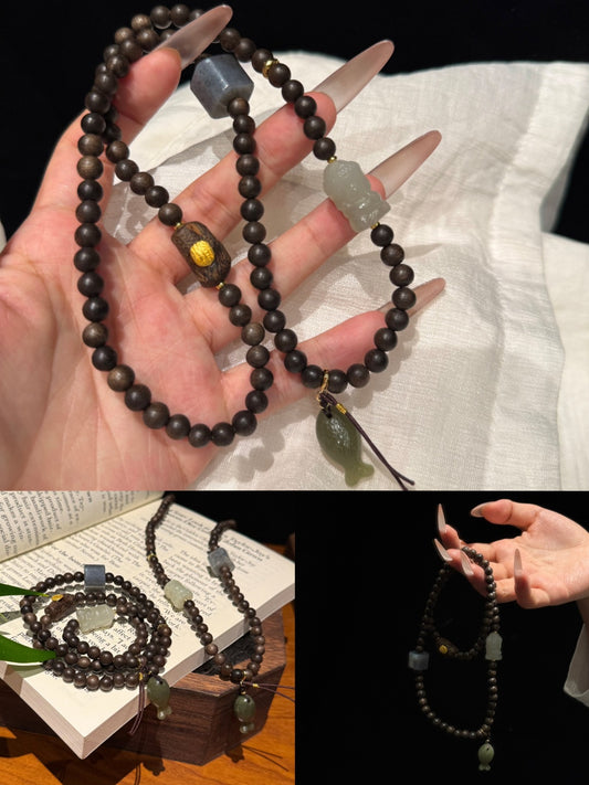Agarwood Mala Bracelet with Hetian Jade &amp; Five-Direction Mantra Bead — A Wish for Inner Peace and Abundance