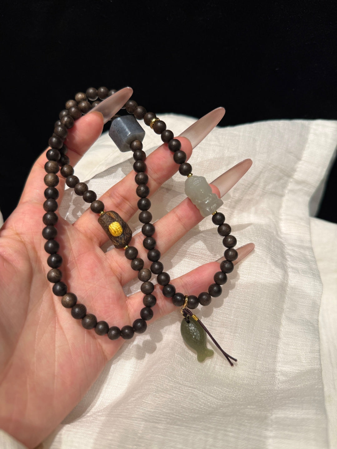 Agarwood Mala Bracelet with Hetian Jade &amp; Five-Direction Mantra Bead — A Wish for Inner Peace and Abundance
